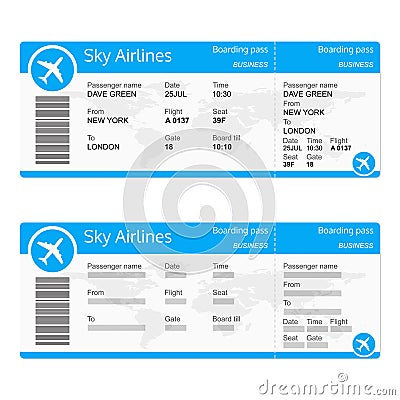 Plane ticket template. Airplane flight ticket realistic blank. Boarding pass. Vector illustration. Vector Illustration